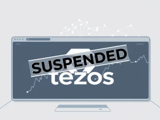 An urgent announcement graphic for Upbit XTZ suspension, informing users about the upcoming Tezos network upgrade.