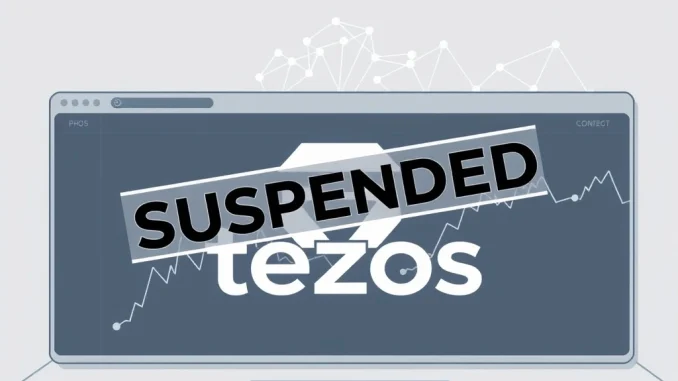 An urgent announcement graphic for Upbit XTZ suspension, informing users about the upcoming Tezos network upgrade.