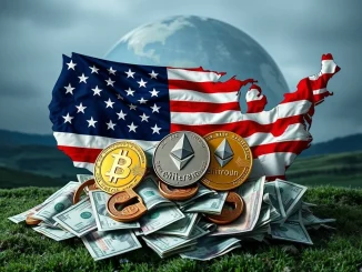 A conceptual image illustrating the US national debt being influenced by cryptocurrencies, specifically stablecoins, and their potential impact on global financial order.