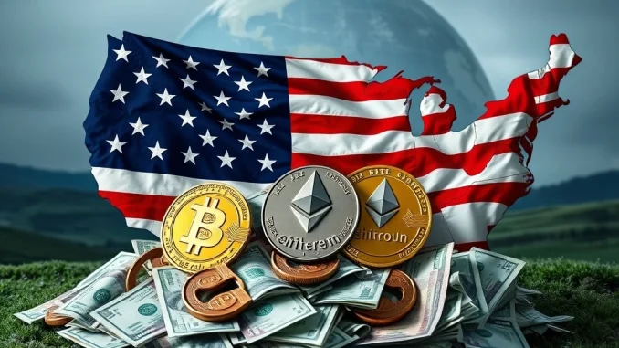 A conceptual image illustrating the US national debt being influenced by cryptocurrencies, specifically stablecoins, and their potential impact on global financial order.