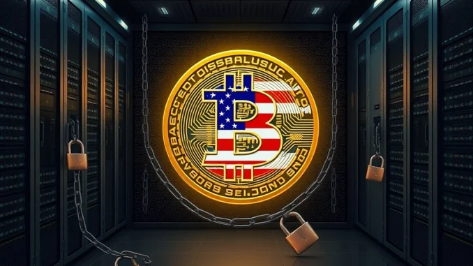 A secure digital vault containing massive US government Bitcoin holdings, illustrating their crucial 4-month stagnation and market impact.