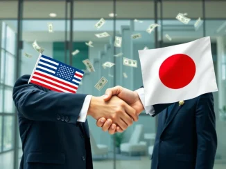A symbolic handshake representing the US-Japan trade pact, leading to a massive investment surge and economic cooperation.