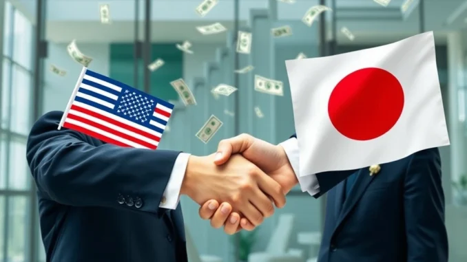 A symbolic handshake representing the US-Japan trade pact, leading to a massive investment surge and economic cooperation.