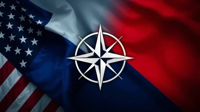 Flags representing the US and Russia, with a NATO symbol, symbolizing potential US Russia sanctions and international tensions.