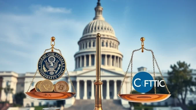Illustrative image showing the US Senate crypto bill bringing clarity to digital asset regulations, with legal documents and blockchain symbols.