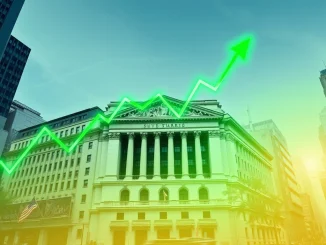 Visualizing the positive US stock indices performance, with upward arrows and green market data reflecting recent gains across major exchanges.