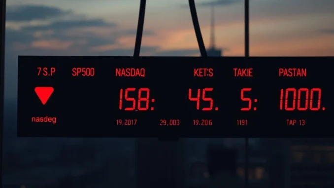 A visual representation of the US stock indices showing a lower opening, with red arrows pointing down on a digital display, highlighting the S&P 500, Nasdaq, and Dow Jones.