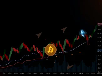 Charts showing a mixed US Stock Market open with a superimposed Bitcoin price chart, illustrating the Cryptocurrency Impact on investor sentiment.