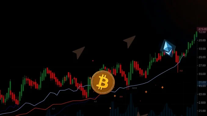 Charts showing a mixed US Stock Market open with a superimposed Bitcoin price chart, illustrating the Cryptocurrency Impact on investor sentiment.