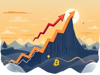 Charts and upward arrows signifying a rising US stock market, impacting Bitcoin and investor confidence.