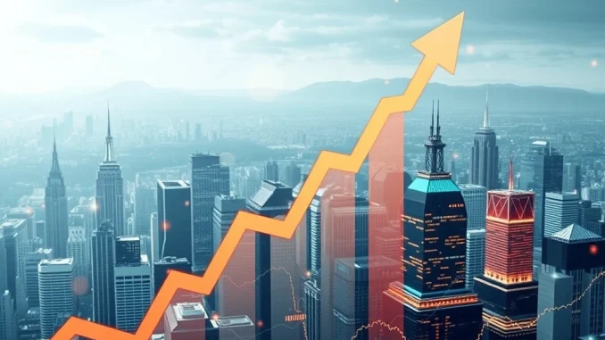 A vibrant upward-trending financial chart illustrating the US stock market gains across major indices like the S&P 500.