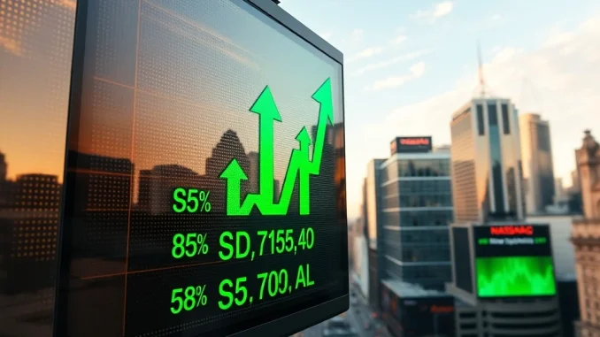 Green arrows on a stock market ticker board indicate a strong US stock market open, with S&P 500, Nasdaq, and Dow Jones showing gains.