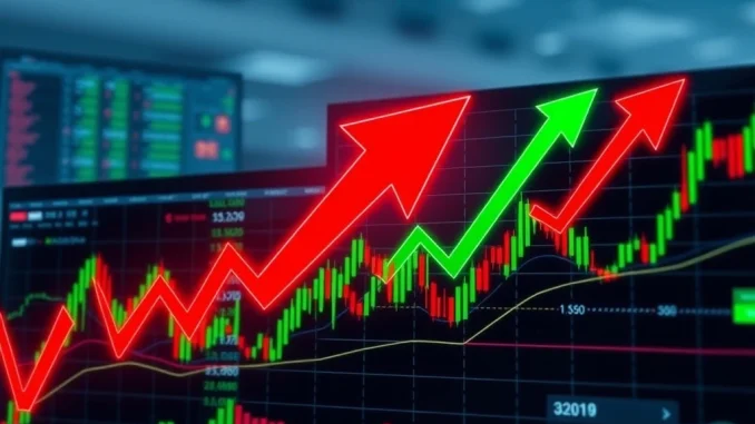 A visual representation of **US stock market** performance, showing the **S&P 500** and **Nasdaq** with green upward arrows, while the **Dow Jones** has a red downward arrow, illustrating a mixed opening.