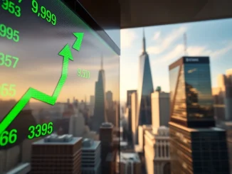 A vibrant digital display shows the US stock market indices, including the S&P 500, rising significantly at market open.