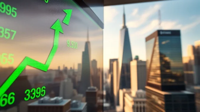 A vibrant digital display shows the US stock market indices, including the S&P 500, rising significantly at market open.