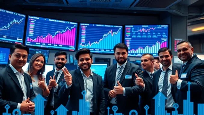 Upward trending charts on screens at a trading desk, symbolizing a positive U.S. Stock Market opening and robust investor confidence.