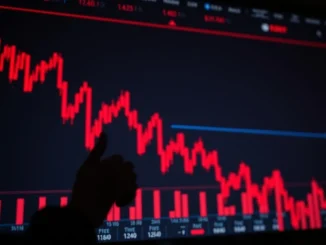 A grim red downward arrow over a blurred background of stock market tickers, symbolizing the US stocks lower trend and overall stock market decline.