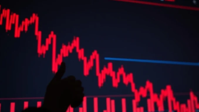 A grim red downward arrow over a blurred background of stock market tickers, symbolizing the US stocks lower trend and overall stock market decline.