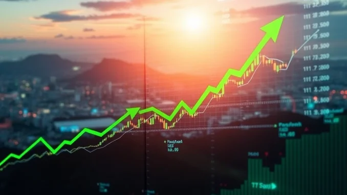 Charts showing positive US stocks performance with green arrows, reflecting market optimism and gains across major indices.
