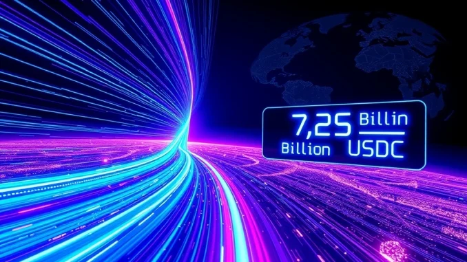 A visual representation of **USDC on Solana** illustrating the rapid minting of billions of stablecoins on the high-speed blockchain network, indicating significant digital finance growth.