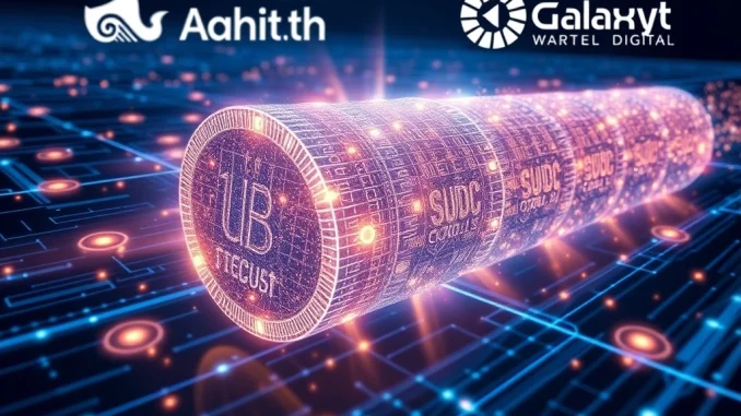 Illustrates a massive USDC transfer to Galaxy Digital, symbolizing a significant digital asset transaction on the blockchain.