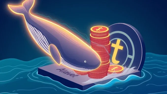 Urgent: Over $400 Million **USDT Transfer** From **Aave** Signals Major **Whale Transaction** A digital whale transferring a large stack of Tether (USDT) from Aave, symbolizing a significant **USDT transfer** and **whale transaction** in the cryptocurrency market.