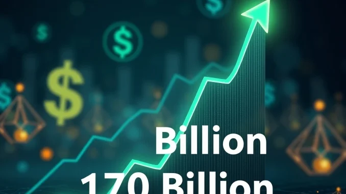 A soaring graph symbolizing the astonishing USDT market cap reaching $170 billion, representing significant stablecoin growth in the cryptocurrency market.