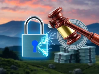 Illustration of a federal prosecutor's hand seizing digital assets, representing the $12M USDT seizure in a crypto fraud case.