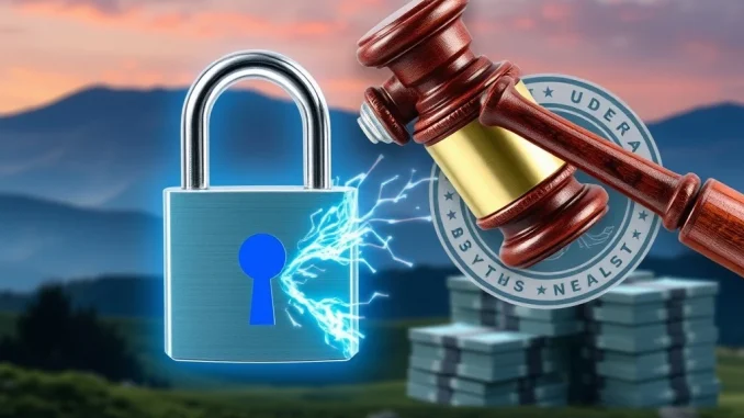 Illustration of a federal prosecutor's hand seizing digital assets, representing the $12M USDT seizure in a crypto fraud case.