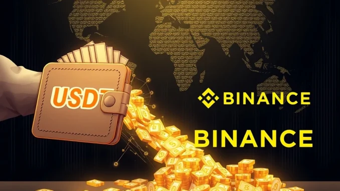 Digital whale transferring **USDT transfer** to a secure Binance exchange, symbolizing a significant cryptocurrency movement.