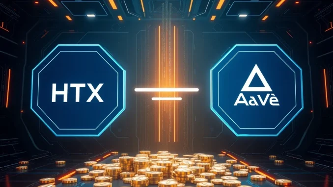 A significant USDT transfer of digital currency moving between two abstract cryptocurrency platforms, HTX and Aave.