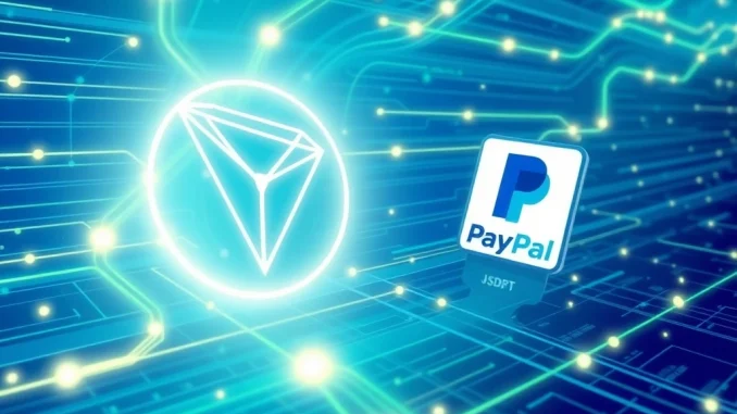 An illustration showing immense **USDT transfer volume** on the Tron network, digitally overshadowing traditional **PayPal payments** and highlighting stablecoin growth.