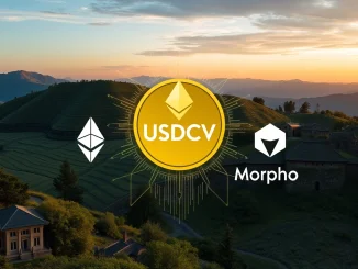 Illustrating USDCV stablecoin's integration with leading DeFi platforms like Uniswap and Morpho, bridging traditional finance.