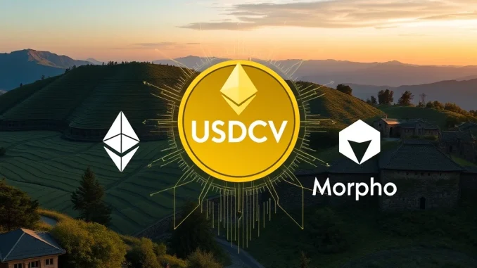 Illustrating USDCV stablecoin's integration with leading DeFi platforms like Uniswap and Morpho, bridging traditional finance.