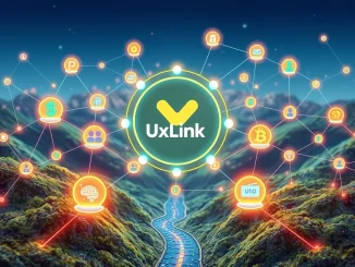 Digital representation of the UXLink airdrop, showing connections between Web3 social, AI, and payments for crypto rewards.