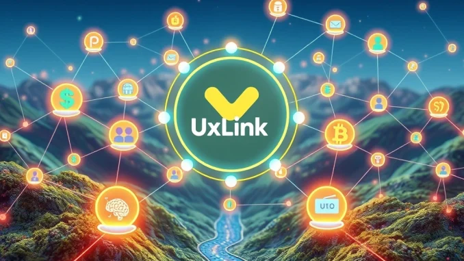 Digital representation of the UXLink airdrop, showing connections between Web3 social, AI, and payments for crypto rewards.
