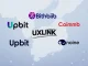 Three prominent South Korean crypto exchange logos surrounding a distressed UXLINK logo, symbolizing the UXLINK delisting review.