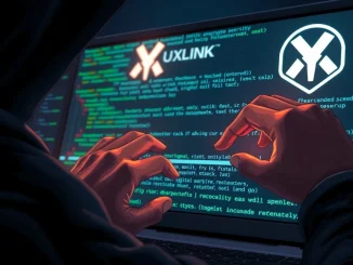 A visual representation of the UXLINK hack, showing unauthorized token minting and the compromised crypto security of a blockchain project.