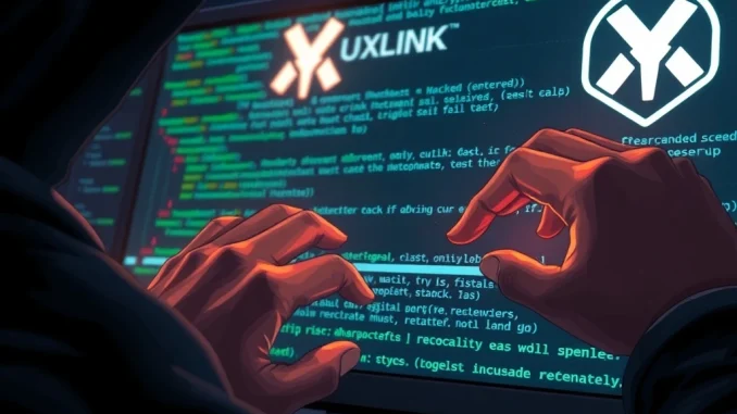 A visual representation of the UXLINK hack, showing unauthorized token minting and the compromised crypto security of a blockchain project.