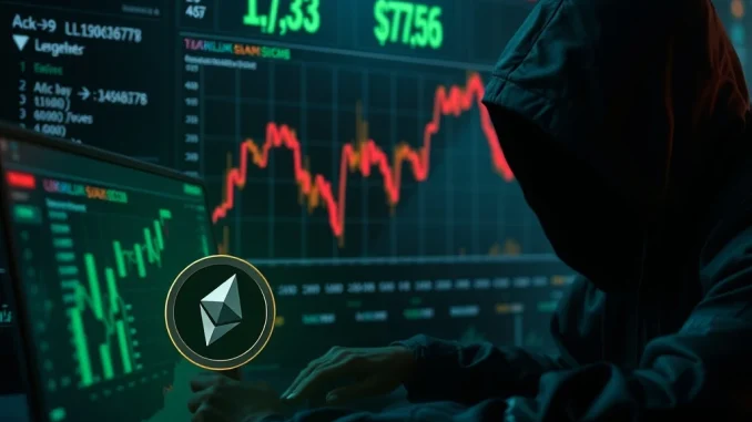 UXLink Hacker: Massive 2.5 Billion Token Sell-Off Shakes Market A digital interface depicting a UXLink hacker conducting a massive token sell-off, with charts showing a sharp price decline and Ethereum symbols.