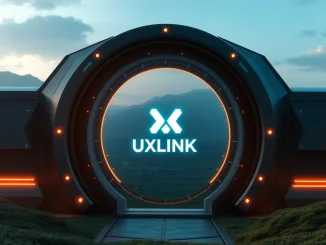 A digital lock icon over a blockchain network, symbolizing UXLINK migration and enhanced crypto security.