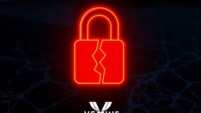 Visualizing the Venus Protocol $30M exploit, showing a broken lock over a blockchain network, highlighting the security breach in crypto lending.