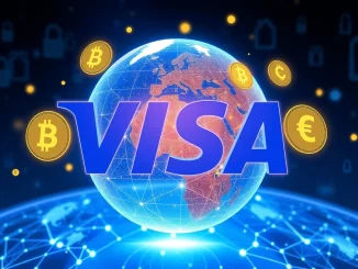 A visual representation of Visa's revolutionary stablecoin cross-border payments pilot, showing USDC and EURC facilitating global transactions.