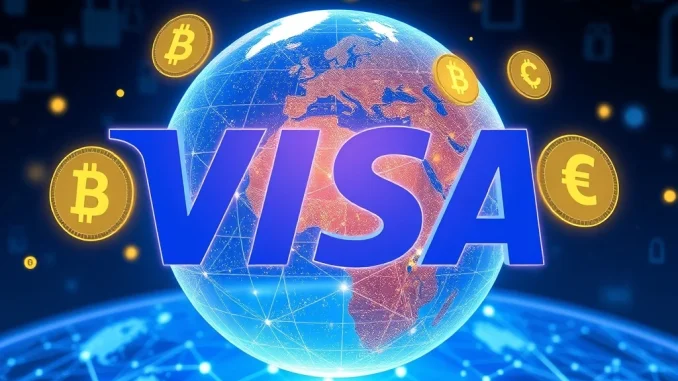 A visual representation of Visa's revolutionary stablecoin cross-border payments pilot, showing USDC and EURC facilitating global transactions.