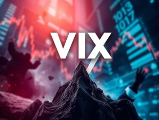 A sharp upward arrow representing the surging VIX index amidst a turbulent stock market, conveying heightened investor fear and volatility.