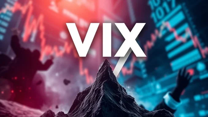 VIX Index Unleashes Alarming Surge: What Wall Street's Fear Index Means Now A sharp upward arrow representing the surging VIX index amidst a turbulent stock market, conveying heightened investor fear and volatility.