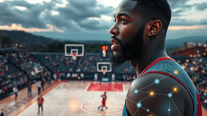 NBA star Tristan Thompson interacting with a digital basketball court, symbolizing Web3 Sports and blockchain fan engagement.
