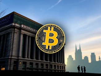 Winklevoss-backed Bitcoin firm Treasury's logo prominently displayed against the backdrop of the Euronext Amsterdam stock exchange, symbolizing a **Treasury listing** and the convergence of traditional finance with digital assets.