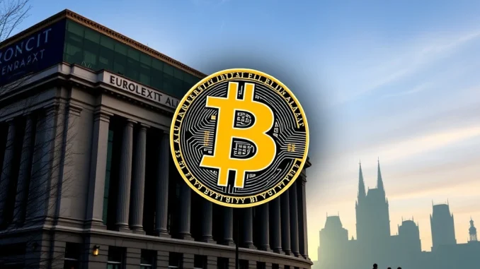 Winklevoss-backed Bitcoin firm Treasury's logo prominently displayed against the backdrop of the Euronext Amsterdam stock exchange, symbolizing a **Treasury listing** and the convergence of traditional finance with digital assets.