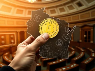 A hand holding a cryptocurrency coin with the Wisconsin state outline in the background, symbolizing the impact of the **Wisconsin crypto bill** on digital asset adoption.